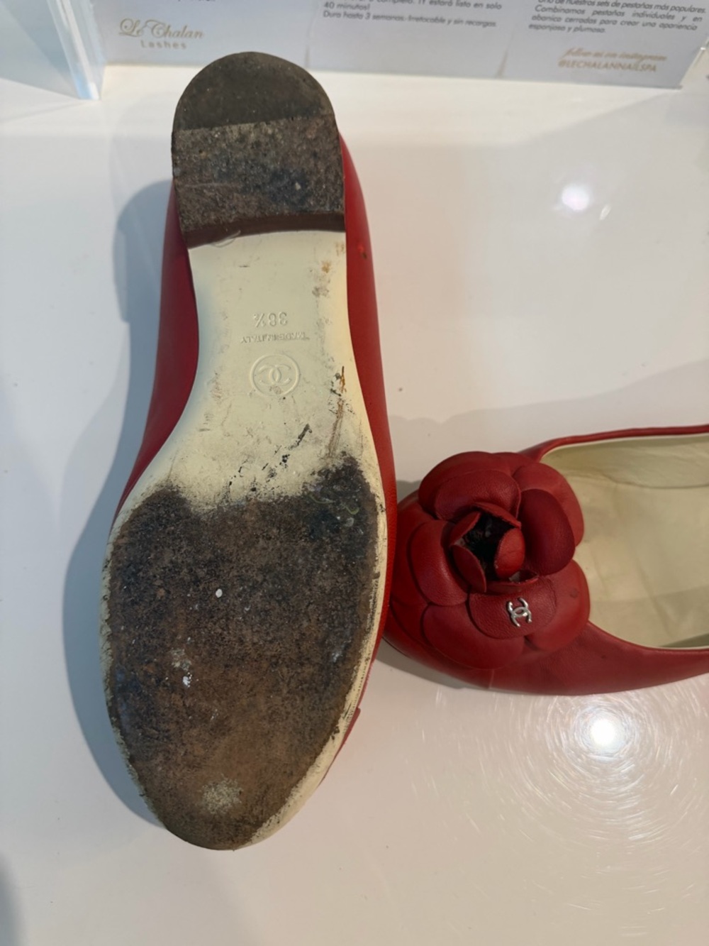 CHANEL Red Leather Flower Ballet Flats - Picture 7 of 7